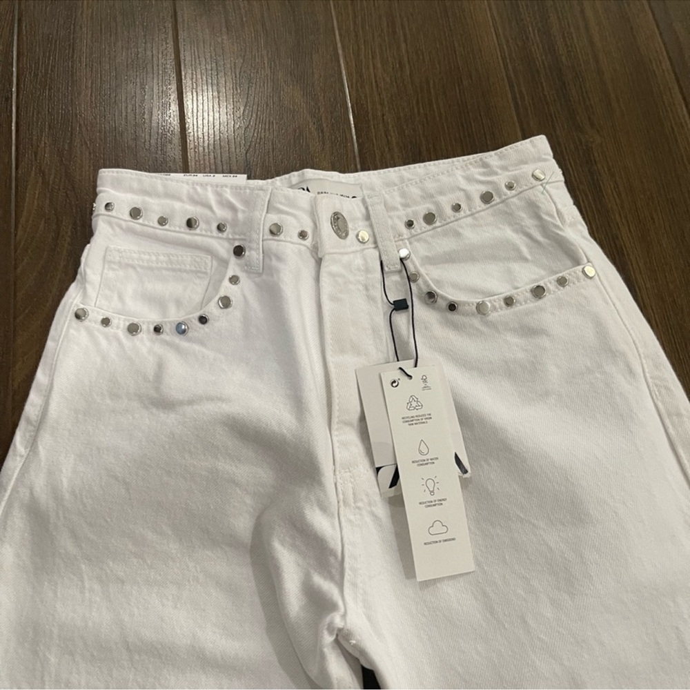 Zara White High Rise Studded Jeans